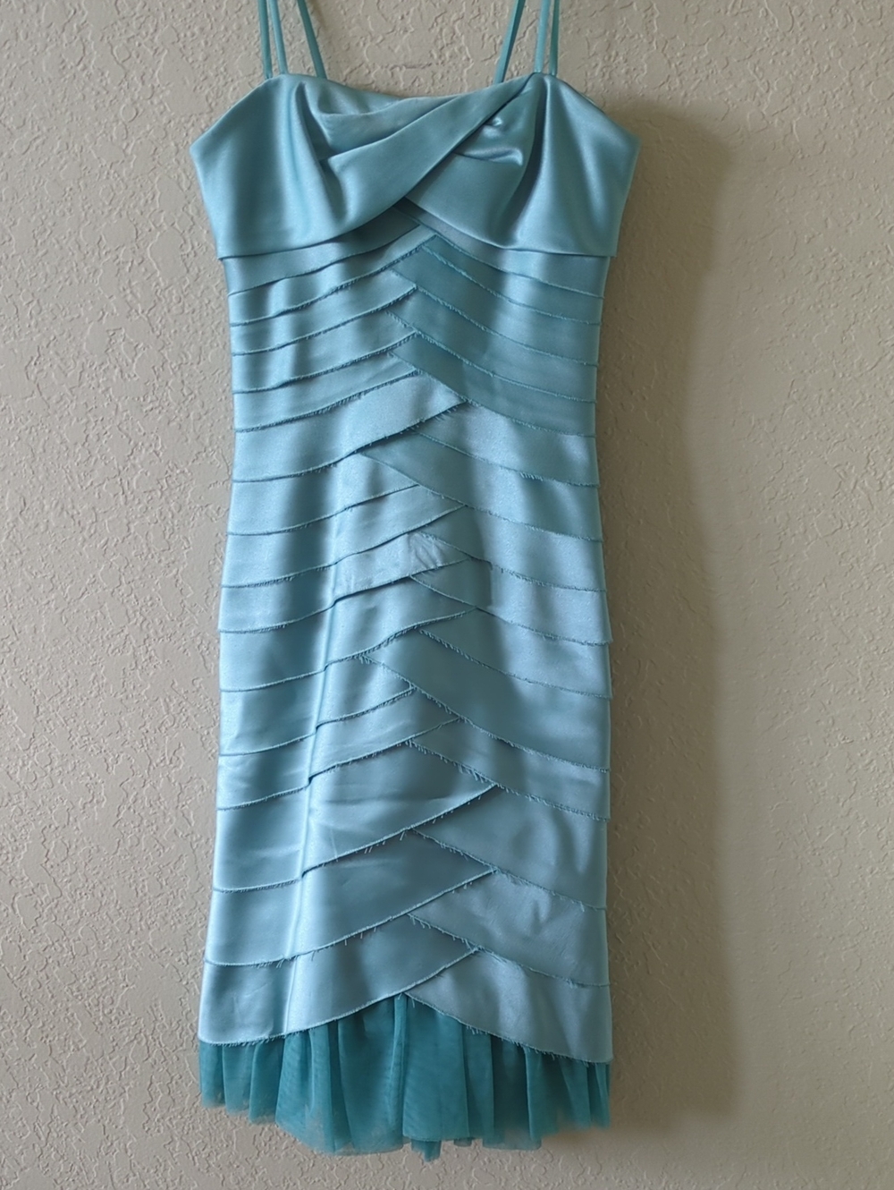 Turquoise Satin Tiered Slip Dress with Tulle Hem